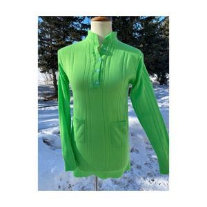 60s Lady Lois Green Knit Tunic Sweater Tight Knit Mock Neck Double Patch Waist P